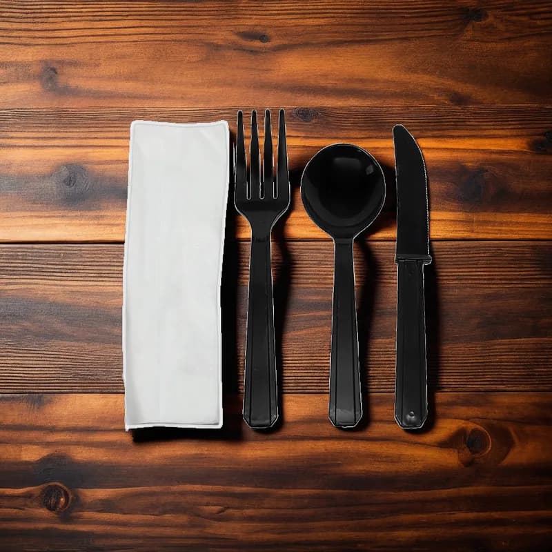 Karat® Cutlery Kit PS Black Heavyweight With White Napkin,Fork,Soup Spoon,Knife 250/Case