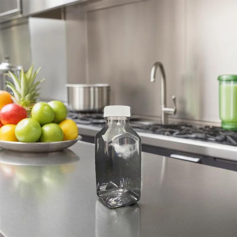 Juice Bottle 12 OZ Clear Square With Lid 24/Case