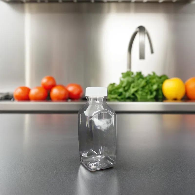 Juice Bottle 12 OZ Clear Square With Lid 24/Case