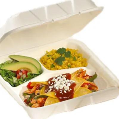 Victoria Bay Take-Out Container Hinged 8X8X3 IN 3 Compartment Sugarcane White Square 200/Case