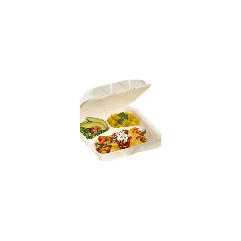 Victoria Bay Take-Out Container Hinged 8X8X3 IN 3 Compartment Sugarcane White Square 200/Case