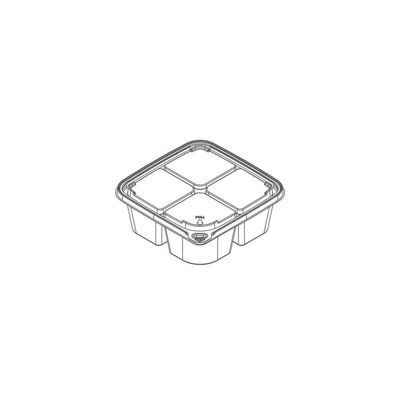 Deli Container Base & Lid Combo 6X6 IN 4 Compartment PET Clear Square Tamper-Evident 300/Case
