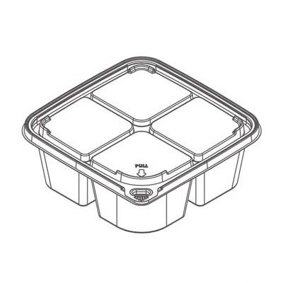 Deli Container Base & Lid Combo 6X6 IN 4 Compartment PET Clear Square Tamper-Evident 300/Case