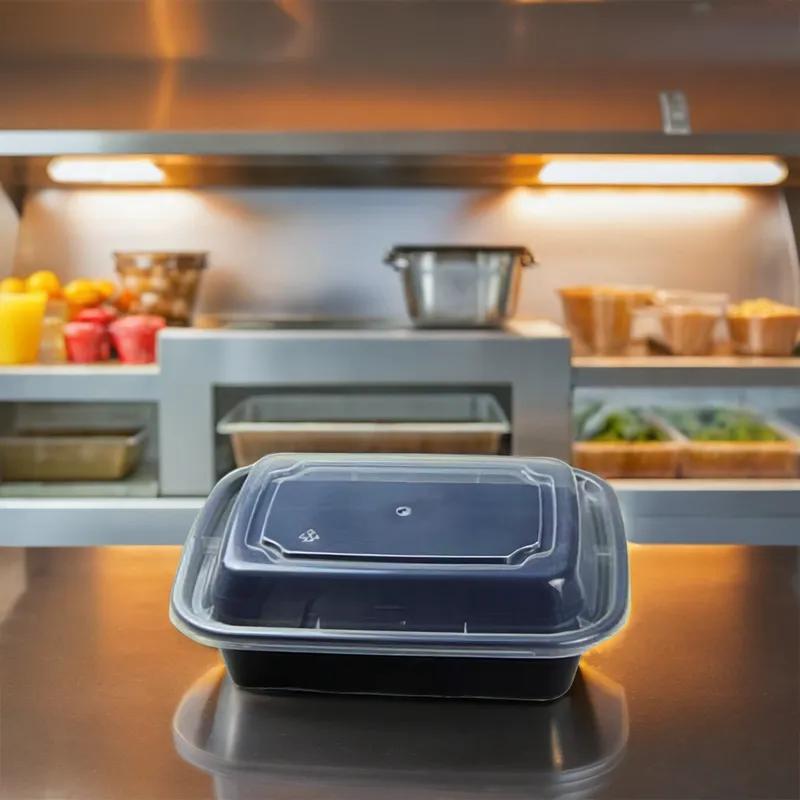 Take-Out Container Base & Lid Combo With Dome Lid 12 OZ Plastic Black Clear Rectangle 150/Case