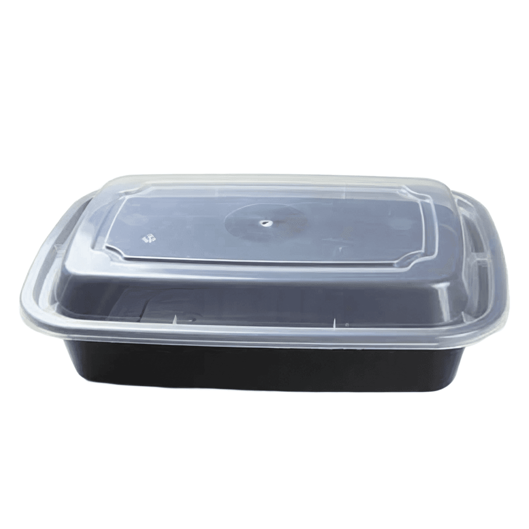 Take-Out Container Base & Lid Combo 28 OZ Plastic Black Clear Rectangle 150/Case