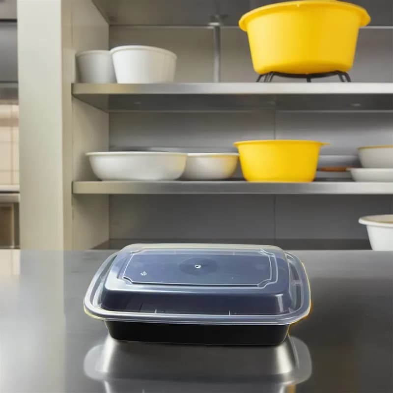 Take-Out Container Base & Lid Combo 28 OZ Plastic Black Clear Rectangle 150/Case