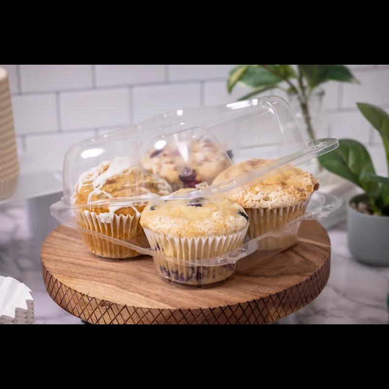 Muffin Cupcake Hinged Container Jumbo 7.5X8X3 IN 4 Compartment PET Clear 300/Case