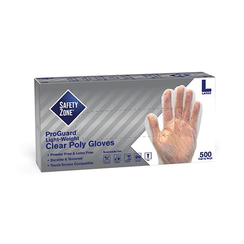 Safety Zone® General Purpose Gloves Large (LG) 11.75 IN Clear PE Powder-Free Embossed Grip 500 Count/Pack 20 Packs/Case