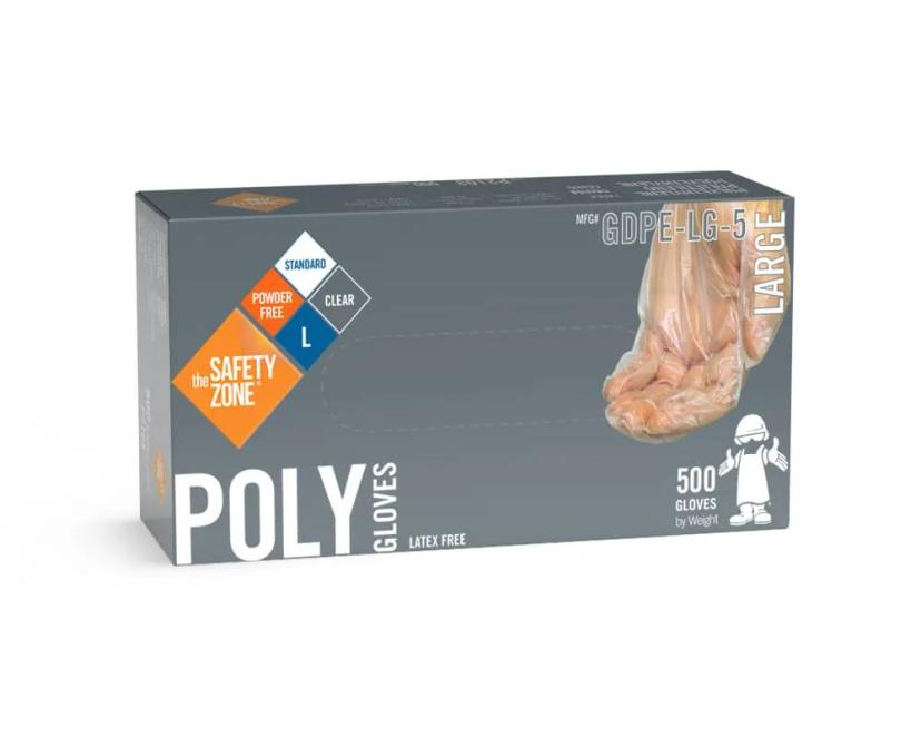 Safety Zone® General Purpose Gloves Large (LG) 11.75 IN Clear PE Powder-Free Embossed Grip 500 Count/Pack 20 Packs/Case