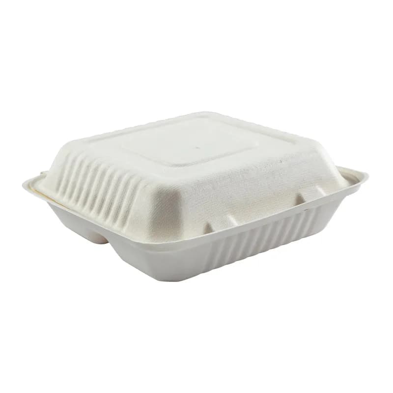 Take-Out Container Hinged 9X9 IN 3 Compartment Molded Fiber White 100 Count/Pack 2 Packs/Case 200 Count/Case
