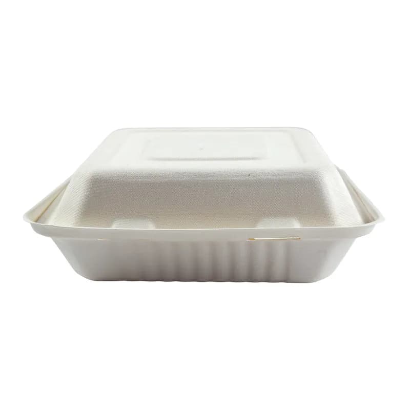 Take-Out Container Hinged 9X9 IN 3 Compartment Molded Fiber White 100 Count/Pack 2 Packs/Case 200 Count/Case