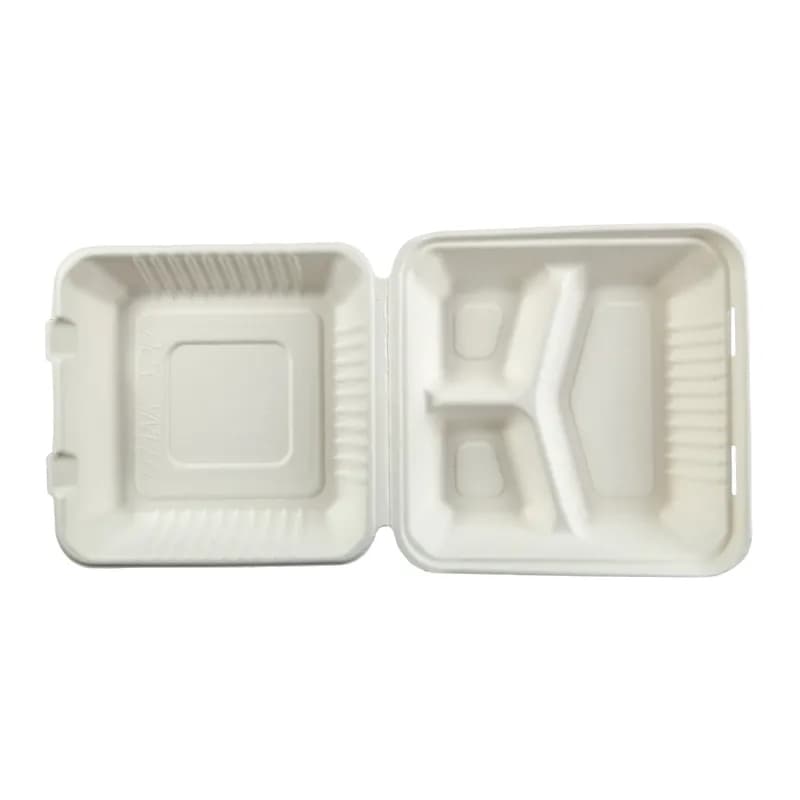 Take-Out Container Hinged 9X9 IN 3 Compartment Molded Fiber White 100 Count/Pack 2 Packs/Case 200 Count/Case
