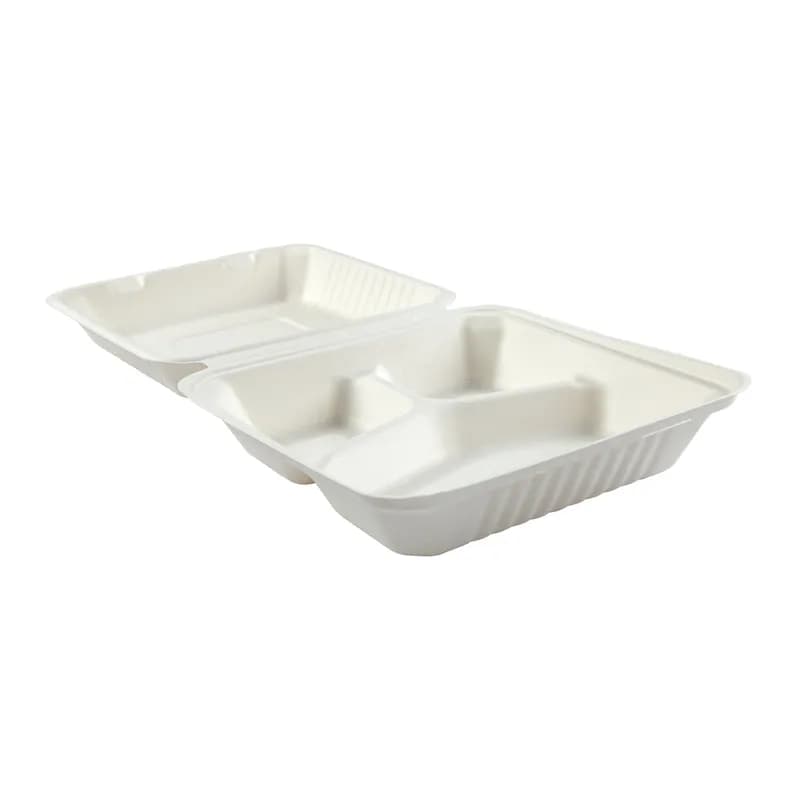 Take-Out Container Hinged 9X9 IN 3 Compartment Molded Fiber White 100 Count/Pack 2 Packs/Case 200 Count/Case