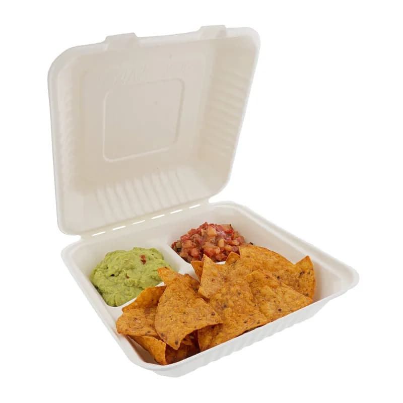 Take-Out Container Hinged 9X9 IN 3 Compartment Molded Fiber White 100 Count/Pack 2 Packs/Case 200 Count/Case
