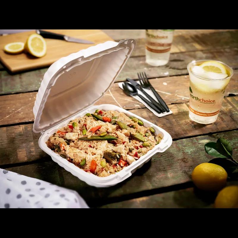 Take-Out Container Hinged With Dome Lid 9.3X8.9X3.1 IN MFPP White Square 120/Case