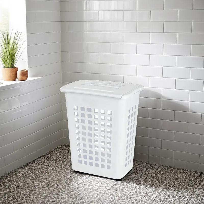 Laundry Hamper 24X13.75 IN White Plastic Hinge Lid 1/Each