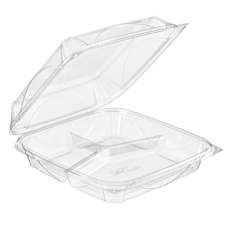 Essentials Take-Out Container Hinged 9.375X9.375X3 IN 3 Compartment RPET Clear Square 100/Case