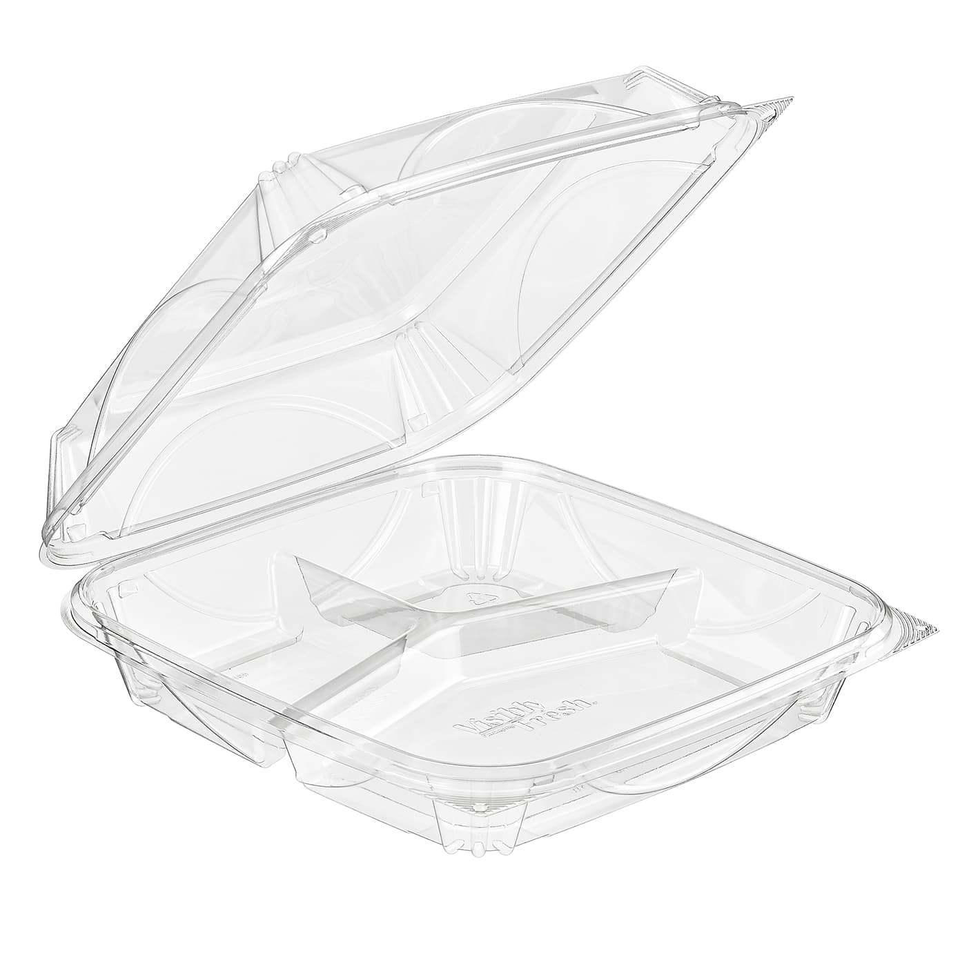 Essentials Take-Out Container Hinged 9.375X9.375X3 IN 3 Compartment RPET Clear Square 100/Case