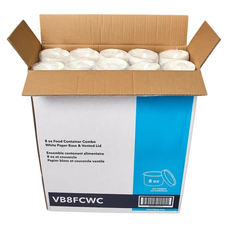 Victoria Bay Food Container Base & Lid Combo With Flat Lid 8 OZ Paperboard White Round Vented 250/Case
