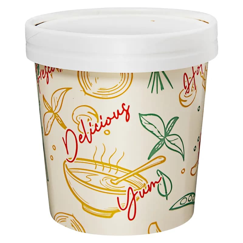 Victoria Bay Food Container Base & Lid Combo 16 OZ Paperboard Multicolor Tasty Design Round Tall Vented 250/Case