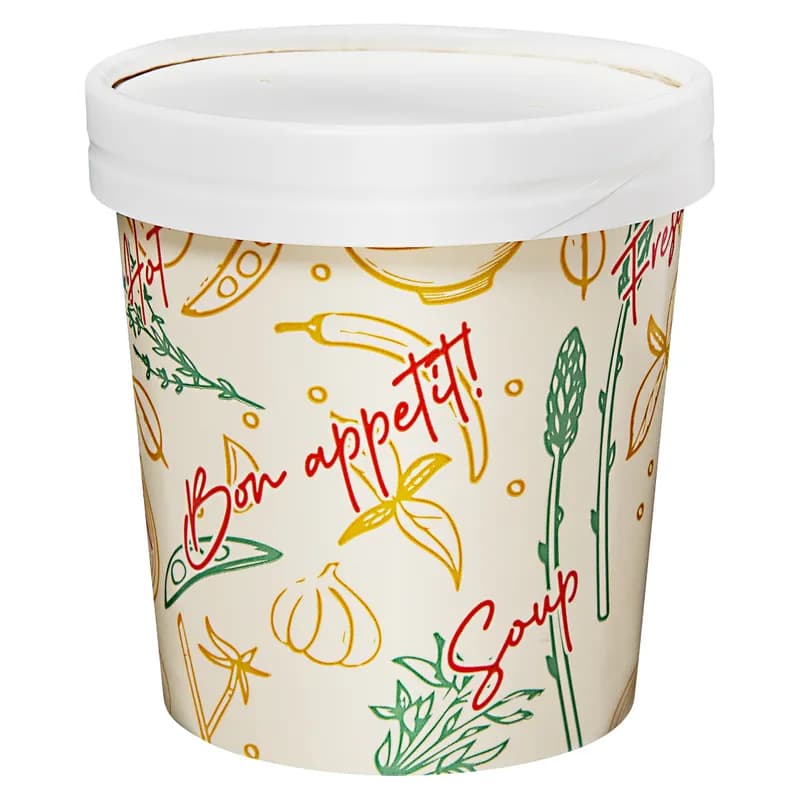 Victoria Bay Food Container Base & Lid Combo 16 OZ Paperboard Multicolor Tasty Design Round Tall Vented 250/Case