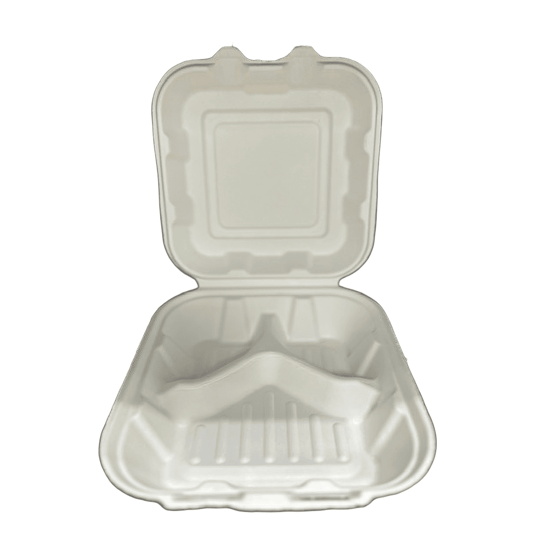 Victoria Bay Take-Out Container Hinged 8X8X3 IN 3 Compartment Sugarcane Square 200/Case