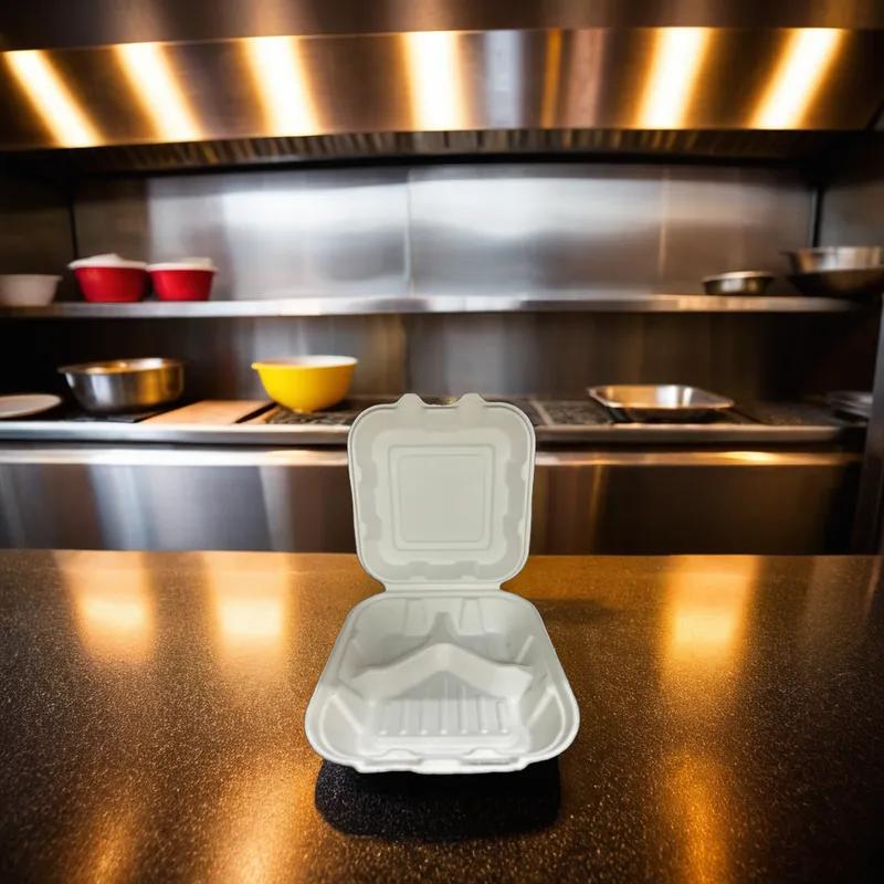 Victoria Bay Take-Out Container Hinged 8X8X3 IN 3 Compartment Sugarcane Square 200/Case