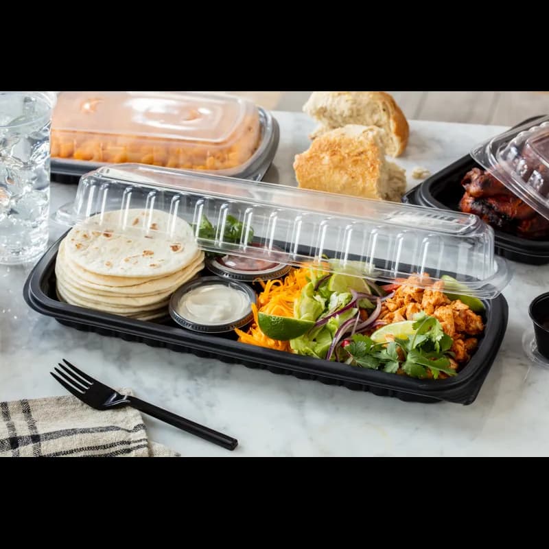 Full Slab Rib Take-Out Container Base & Lid Combo With High Dome Lid 41.9 OZ MFPP OPS Black Clear 70/Case