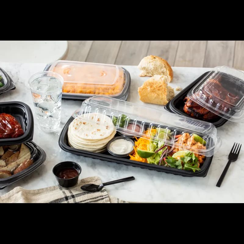 Full Slab Rib Take-Out Container Base & Lid Combo With High Dome Lid 41.9 OZ MFPP OPS Black Clear 70/Case