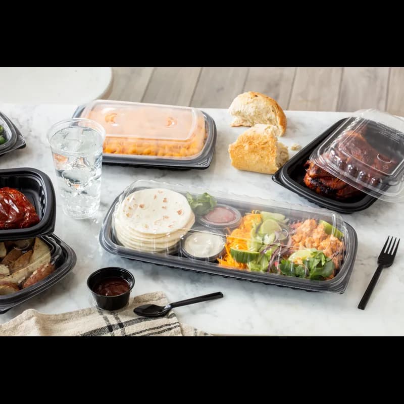 Full Slab Rib Take-Out Container Base & Lid Combo With High Dome Lid 41.9 OZ MFPP OPS Black Clear 70/Case