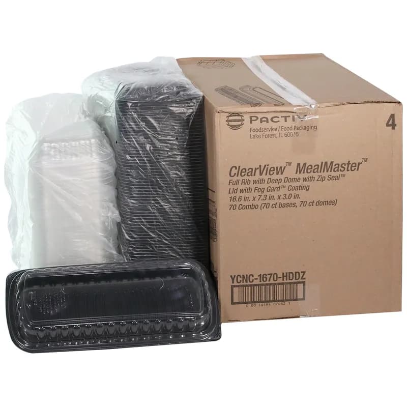 Full Slab Rib Take-Out Container Base & Lid Combo With High Dome Lid 41.9 OZ MFPP OPS Black Clear 70/Case