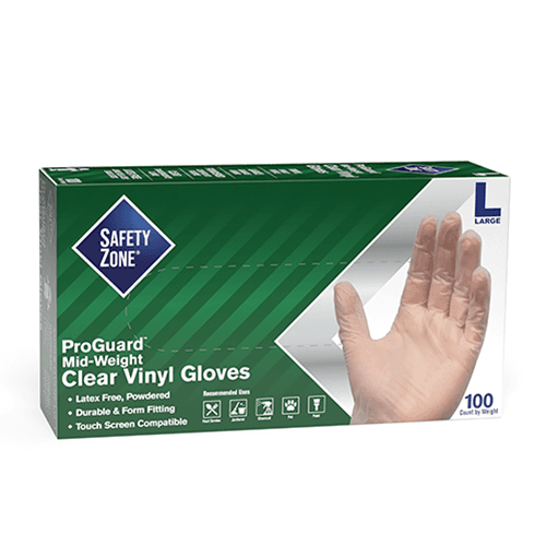Safety Zone® Gloves Large (LG) Clear 3MIL Vinyl Powdered 100 Count/Box 10 Box/Case
