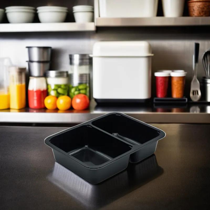 Take-Out Container Base 8.5X6.5X1.8 IN 2 Compartment Black Rectangle 252/Case