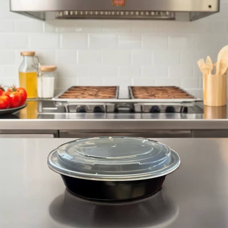 Victoria Bay Take-Out Container Base & Lid Combo 48 OZ Plastic Black Round 150/Case