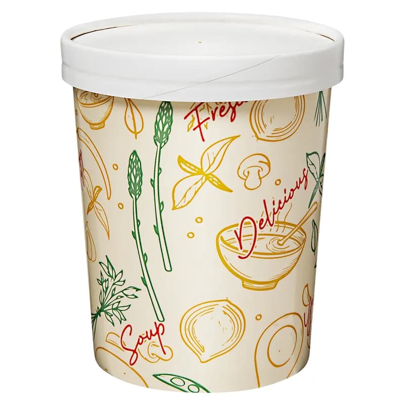 Victoria Bay Food Container Base & Lid Combo 32 OZ Paper Tasty Design Round Tall Vented 250/Case