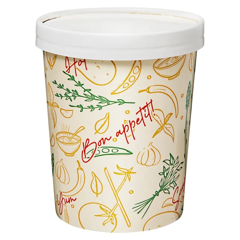 Victoria Bay Food Container Base & Lid Combo 32 OZ Paper Tasty Design Round Tall Vented 250/Case