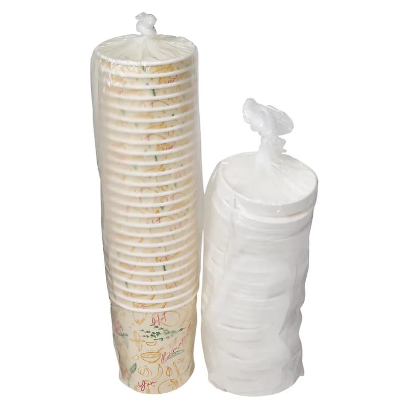 Victoria Bay Food Container Base & Lid Combo 32 OZ Paper Tasty Design Round Tall Vented 250/Case