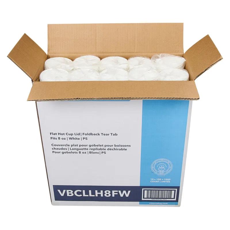Victoria Bay Lid Flat PS White For 8 OZ Hot Cup Fold Back 100 Count/Pack 10 Packs/Case 1000 Count/Case