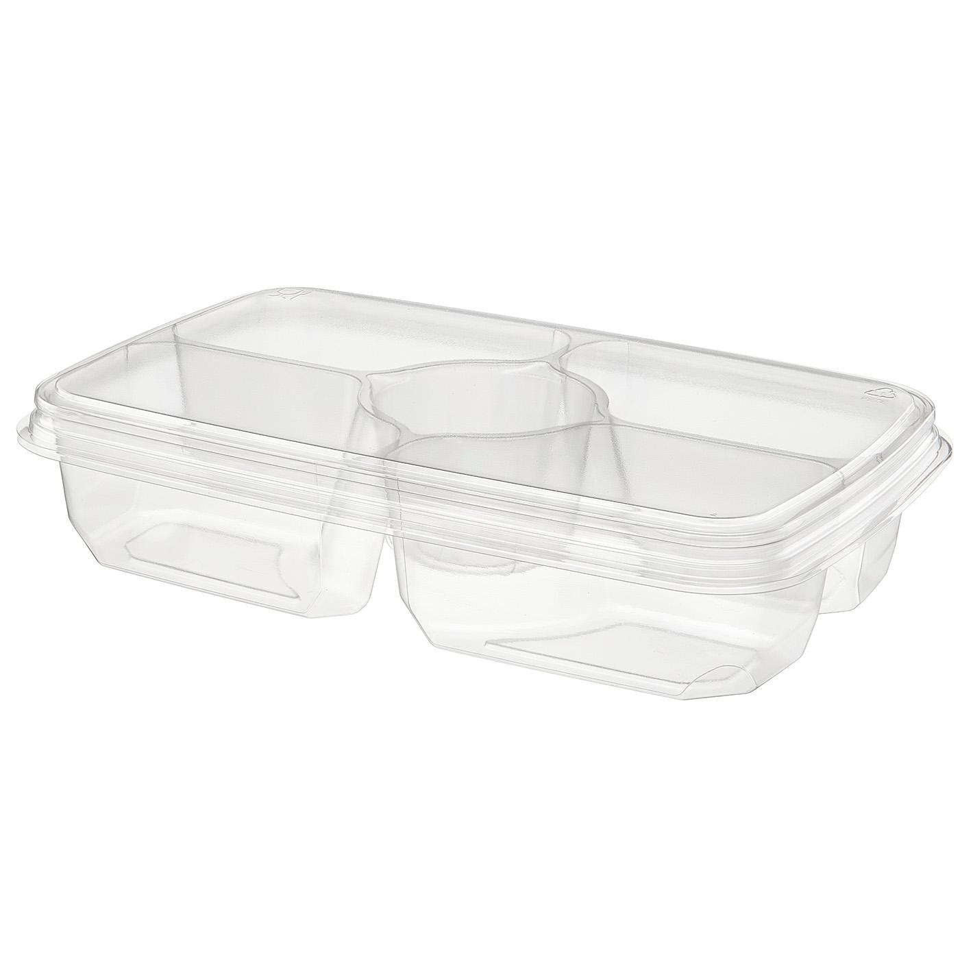 Essentials Serving Tray Base & Lid Combo 11X7X2.6 IN 4 Compartment PET Clear Rectangle With Dip Cup 125/Case