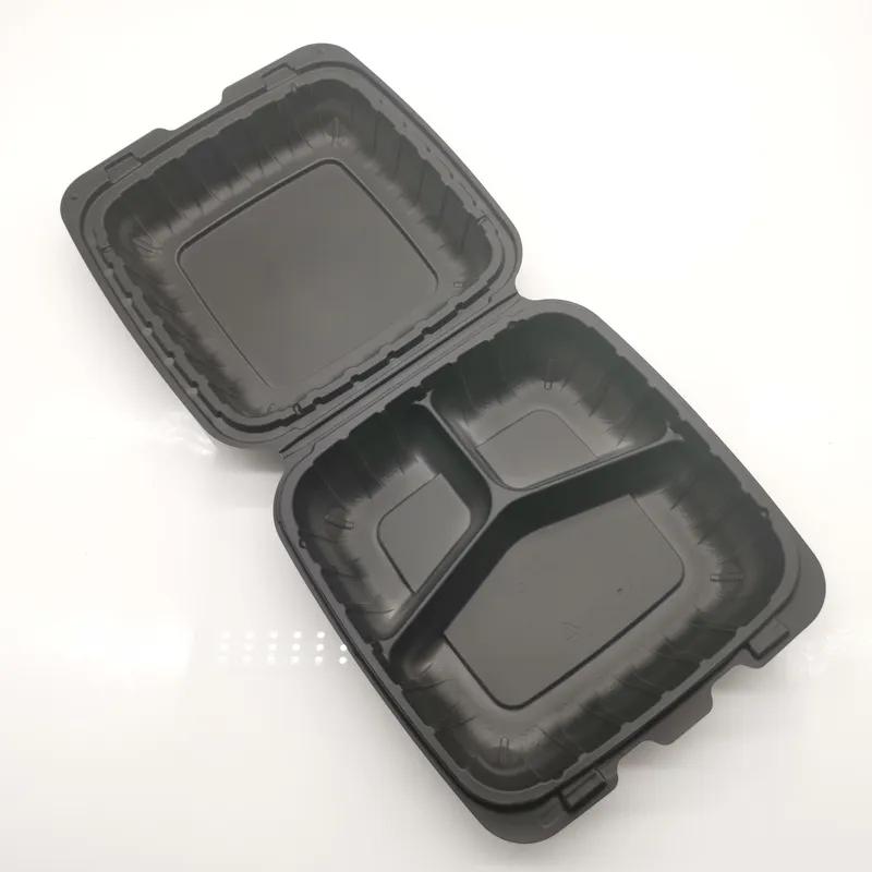 Victoria Bay Take-Out Container Hinged 8X8X3 IN 3 Compartment MFPP Black Square Vented 200/Case