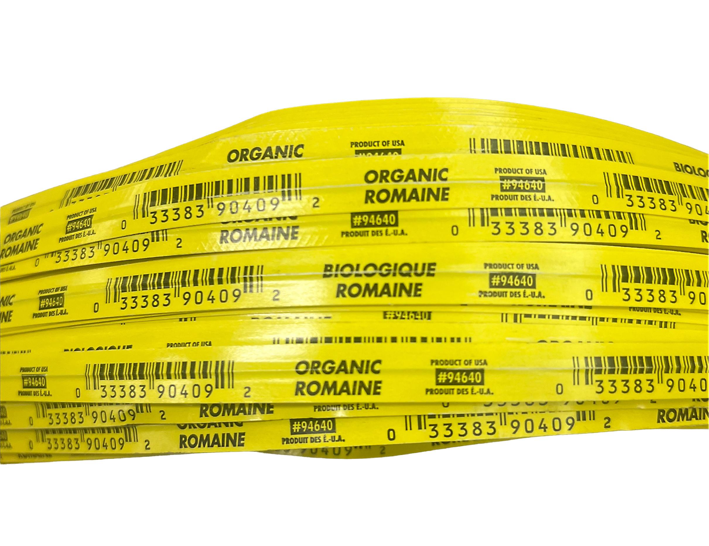 PLU 94640 Romaine Lettuce Organic USA Grown Twist Tie 20X0.375 IN Black Yellow English & French With UPC Codes 300/Bundle