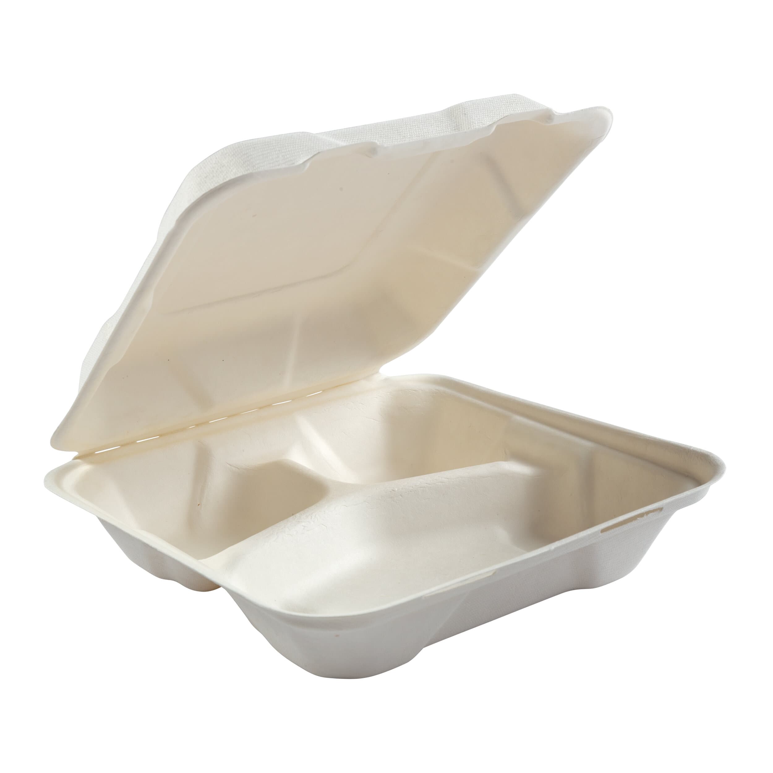 PrimeWare® Take-Out Container Hinged 8X8X2.5 IN 3 Compartment Molded Fiber White 100 Count/Pack 2 Packs/Case 200 Count/Case