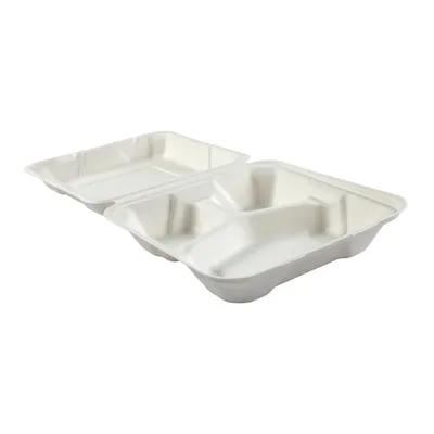 Take-Out Container Hinged 8X8X2.5 IN 3 Compartment Molded Fiber White 100 Count/Pack 2 Packs/Case 200 Count/Case