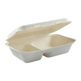 Take-Out Container Hinged 9X9 IN 2 Compartment Molded Fiber White 125 Count/Pack 2 Packs/Case 250 Count/Case