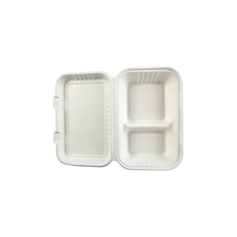 Take-Out Container Hinged 9X9 IN 2 Compartment Molded Fiber White 125 Count/Pack 2 Packs/Case 250 Count/Case