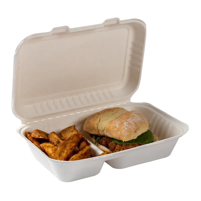 PrimeWare® Take-Out Container Hinged 9X9 IN 2 Compartment Molded Fiber White 125 Count/Pack 2 Packs/Case 250 Count/Case