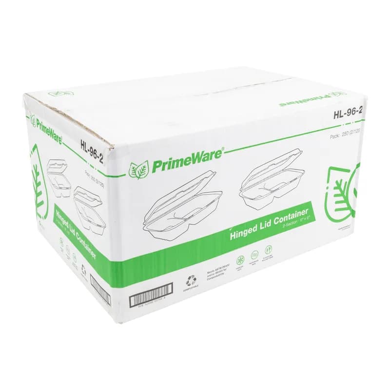 PrimeWare® Take-Out Container Hinged 9X9 IN 2 Compartment Molded Fiber White 125 Count/Pack 2 Packs/Case 250 Count/Case