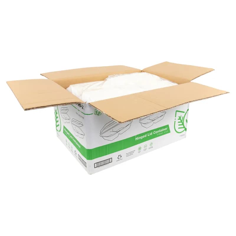 PrimeWare® Take-Out Container Hinged 9X9 IN 2 Compartment Molded Fiber White 125 Count/Pack 2 Packs/Case 250 Count/Case
