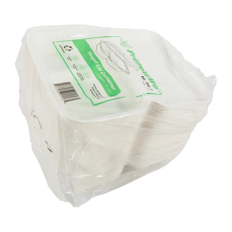 PrimeWare® Take-Out Container Hinged 9X9 IN 2 Compartment Molded Fiber White 125 Count/Pack 2 Packs/Case 250 Count/Case