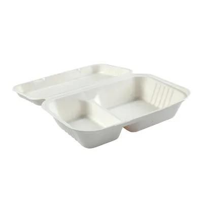 Take-Out Container Hinged 9X9 IN 2 Compartment Molded Fiber White 125 Count/Pack 2 Packs/Case 250 Count/Case